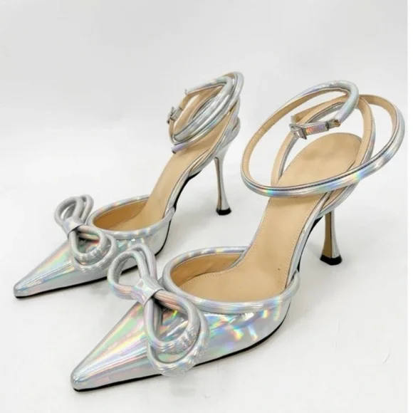 Mach&mach DOUBLE BOW POINTED TOE PUMP IN IRIDESCENTSILVER size 35 new